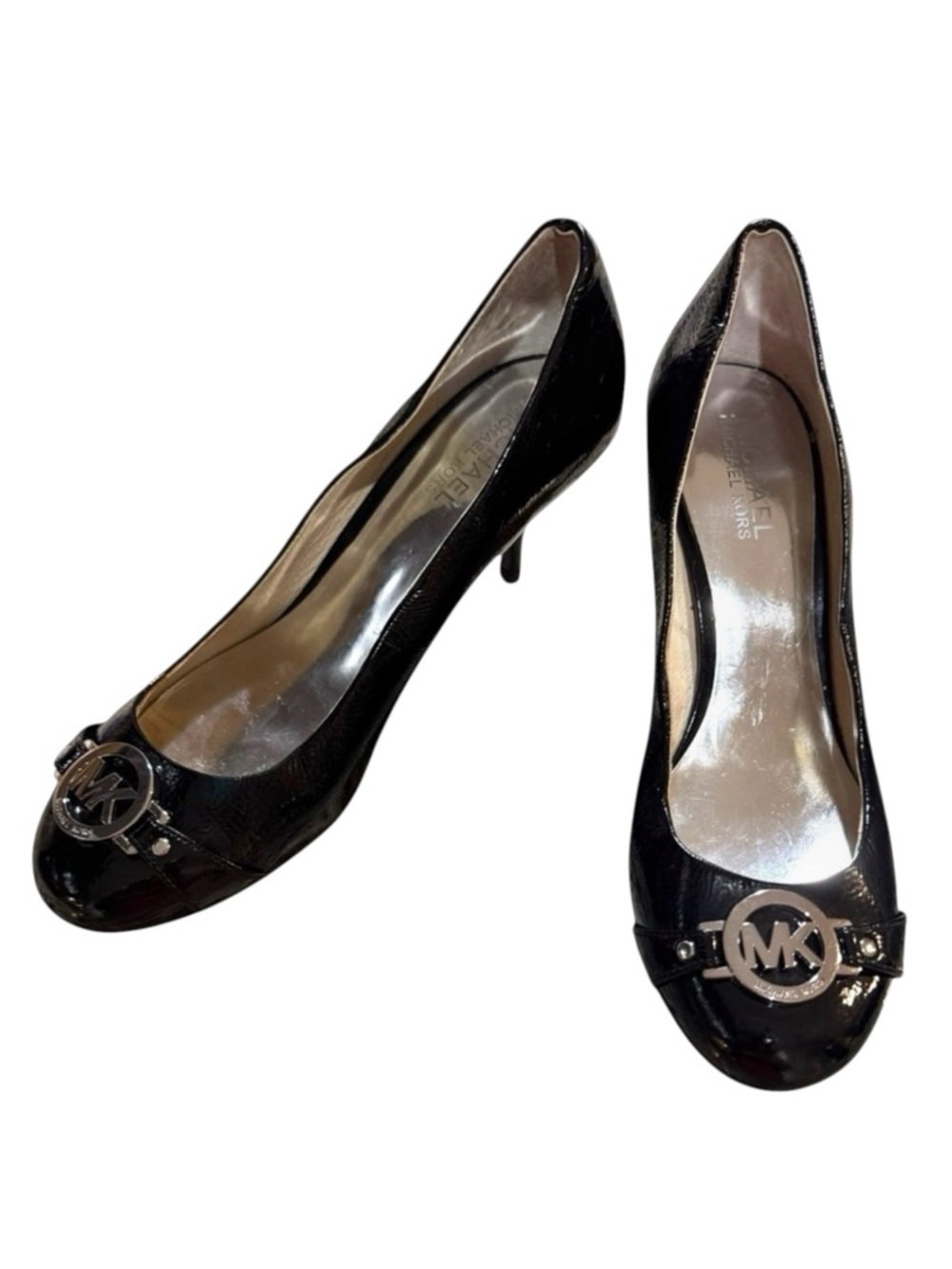 Michael Kors Black Patent Leather MK Logo Round Toe Heels Size 7